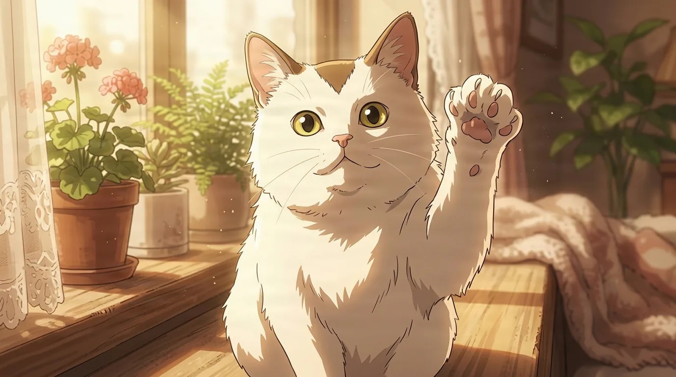 Meowy, die weiße Katze mit hellbraunem Fleck am Kopf, sitzt auf einer sonnenbeschienenen Fensterbank neben Topfblumen, eine Pfote erhoben, mit großen, neugierigen gelbgrünen Augen.