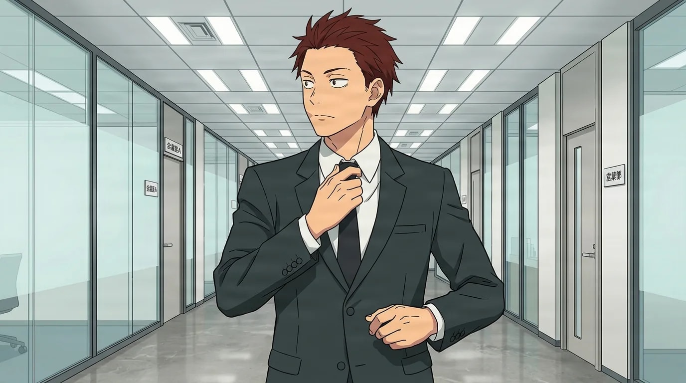 A young man with spiky reddish hair in a dark business suit adjusting his necktie while walking down a bright office corridor.