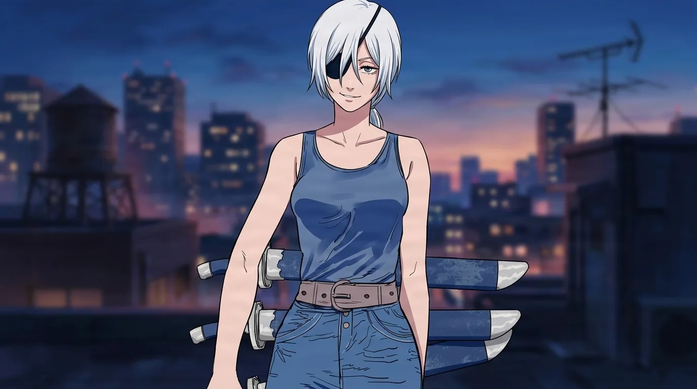 Quanxi stands on a rooftop at dusk in a gray tank top and jeans, an eyepatch over one eye, sword blades protruding from her body, wearing a cool confident smile.