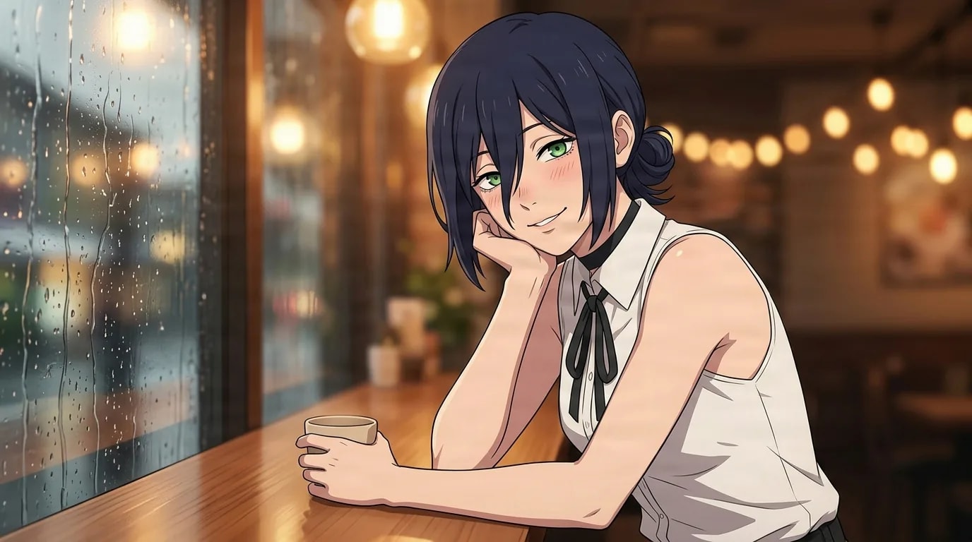 Reze rests her cheek on her hand while leaning on a wooden cafe counter by a rain streaked window, holding a small cup and smiling warmly in the cozy warm light.