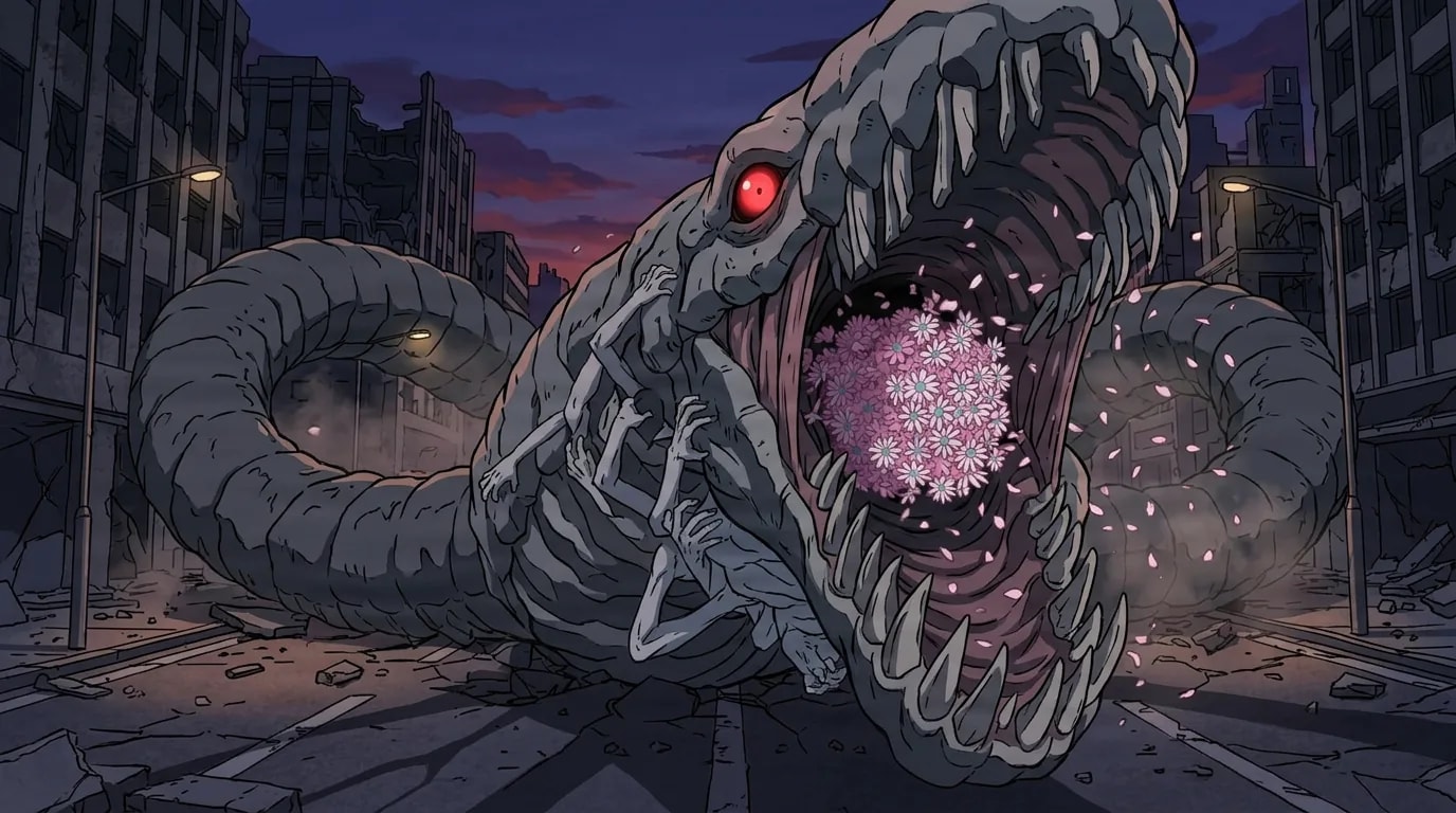 Um colossal demônio-serpente de escamas cinzentas com um olho vermelho brilhante se ergue sobre uma rua urbana em ruínas ao entardecer, suas fauces cheias de presas abertas em torno de um denso aglomerado de flores rosas.
