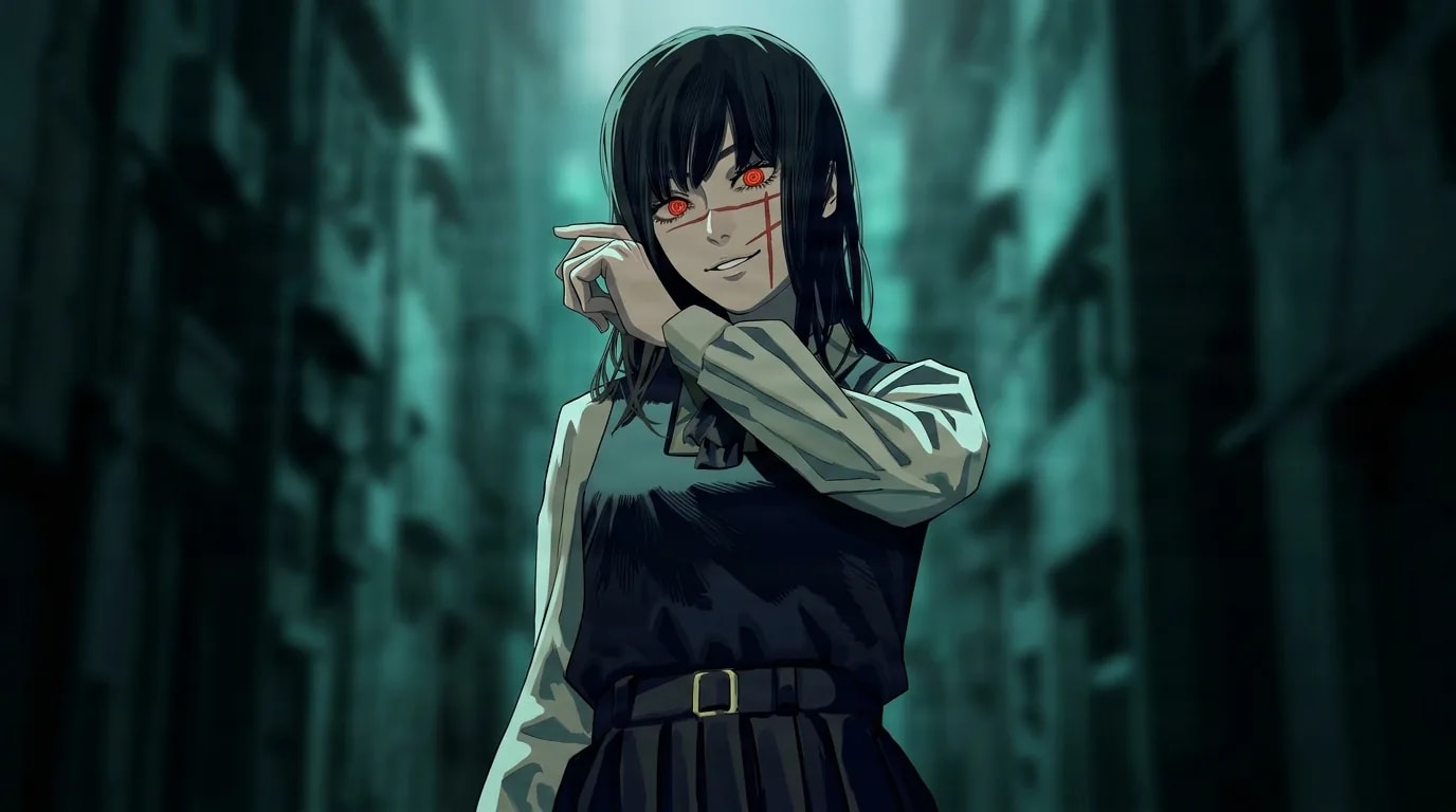 Yoru raises one hand near her face with a sly smile, red eyes and a red cross mark on her cheek, standing in a dim teal alley between tall blurred buildings.