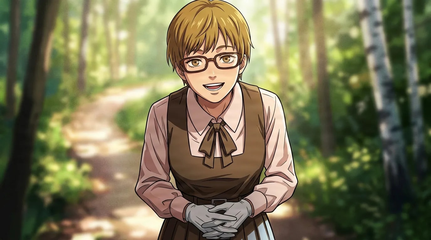 Yuko beugt sich mit einem strahlenden, offenen Lächeln hinter einer braun gerahmten Brille vor, die behandschuhten Hände über ihrem braunen Trägerkleid gefaltet, auf einem sonnenbeschienenen Waldweg.