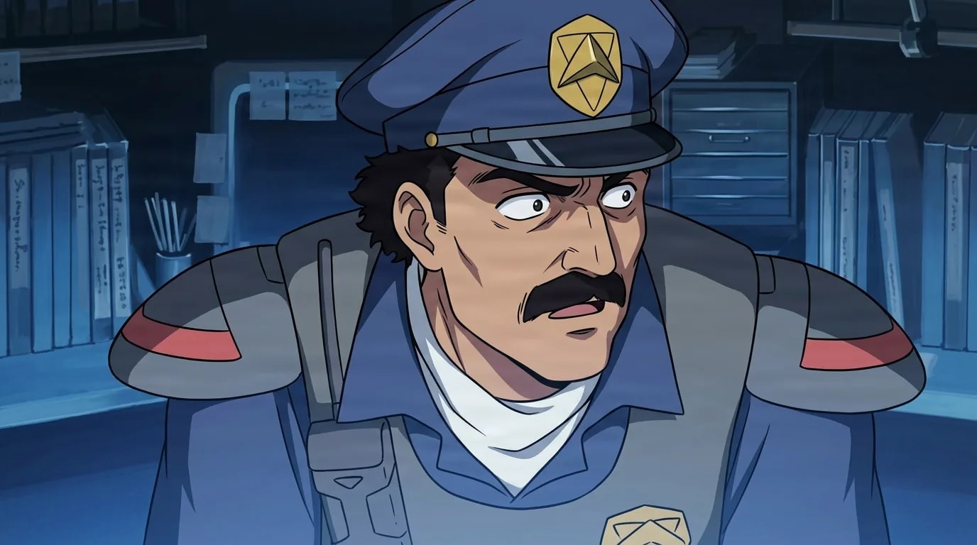 Bob from Cowboy Bebop in a close-framed cel-shaded anime scene with a detailed environment