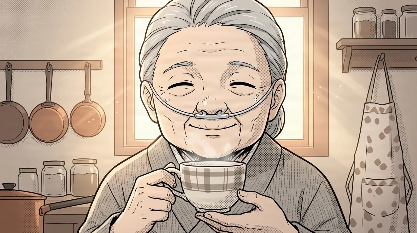 An elderly gray-haired woman with closed eyes smiles gently while holding a checkered teacup with both hands in a cozy warm kitchen.