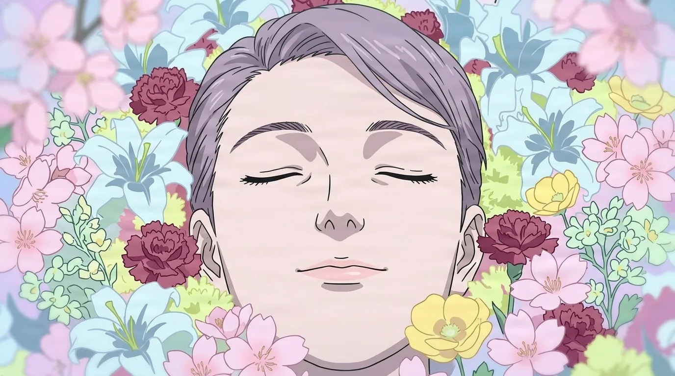 A woman with short lavender-gray hair rests with her eyes closed and a serene expression, her face surrounded by a dense bed of pink, blue, and yellow flowers.