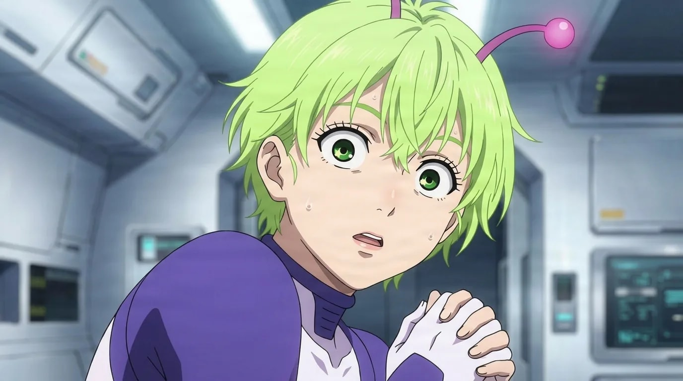 Bamora with wide startled green eyes and hands clasped at the chest, green hair and a pink antenna, inside a blurred white spacecraft corridor