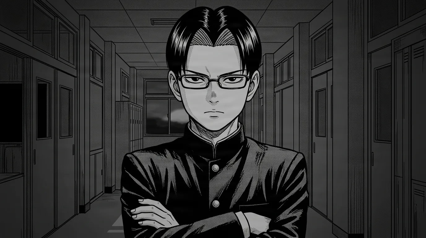A stern young man with slicked-back hair and rectangular glasses stands with his arms folded in a dark high-collared school uniform, in a dim manga-style school hallway lined with lockers.