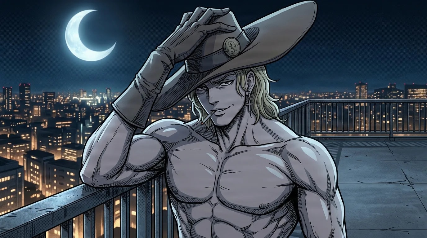 A blond character in a wide brimmed hat tips the brim with a gloved hand, a cigarette between the lips, standing on a city rooftop under a crescent moon at night.