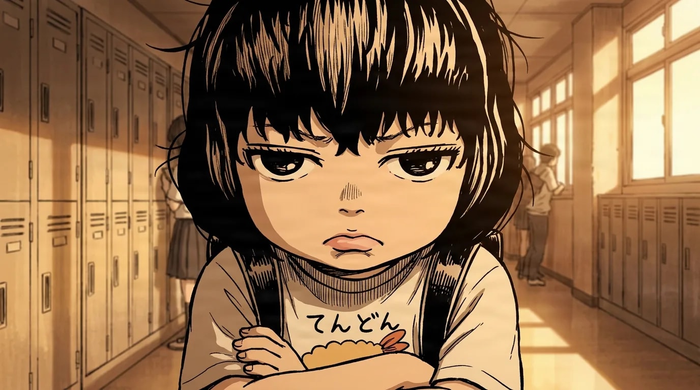A young child with messy black hair and a sulking pout stands with arms crossed in a warm school hallway lined with lockers, wearing a shirt with Japanese lettering.