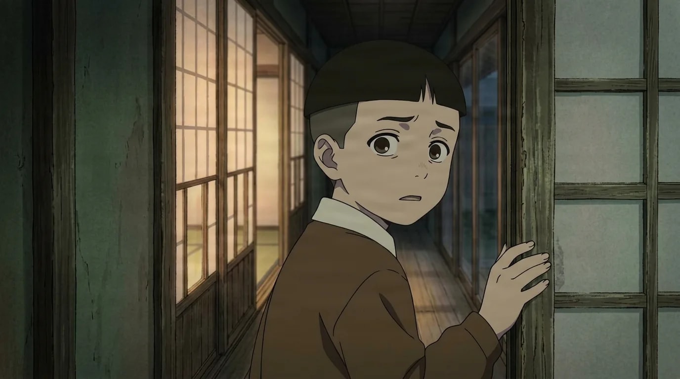 A young boy with a bowl haircut in a brown sweater stands in a dim wooden hallway of an old Japanese house, glancing back over his shoulder with a worried look, one hand pressed against a sliding shoji door.