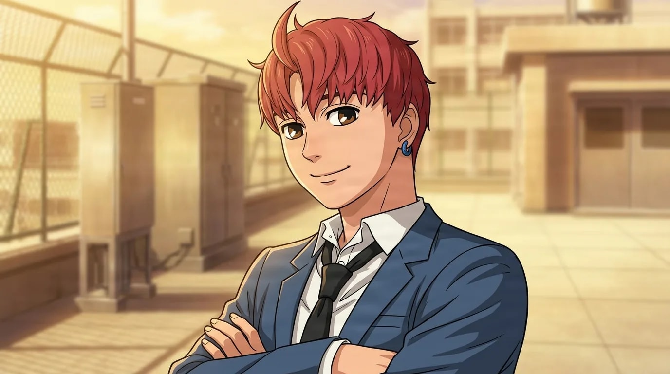 Jiji smiling warmly with arms crossed, red hair, blue earring and a blue suit with black tie, on a blurred school rooftop at golden hour