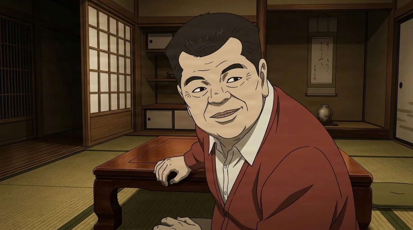 Heavyset older man in a red cardigan and white collared shirt, leaning on a low wooden table with a slight smile, in a traditional tatami room with a shoji screen and hanging scroll.