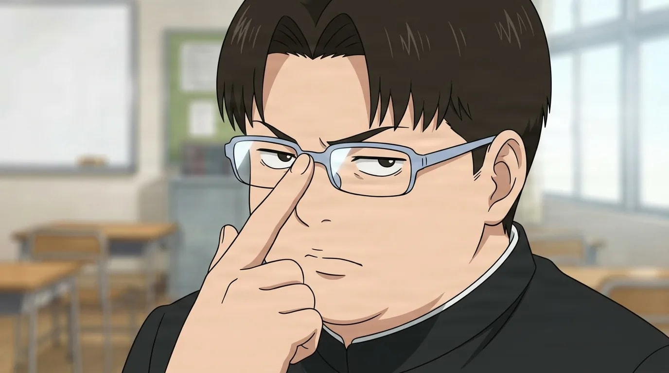 Kinta Sakata schiebt sich mit einem Finger die blaue Brille hoch und blickt mit ausdrucksloser, skeptischer Miene, braunes Haar und schwarze Schuluniform, in einem verschwommenen, hellen Klassenzimmer.