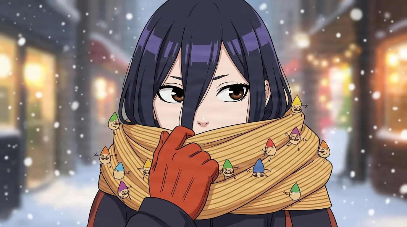 Navy-haired youth in a dark coat and red glove pulling a long striped scarf dotted with tiny gnome figures up over the chin, on a snowy street with glowing shop lights behind.