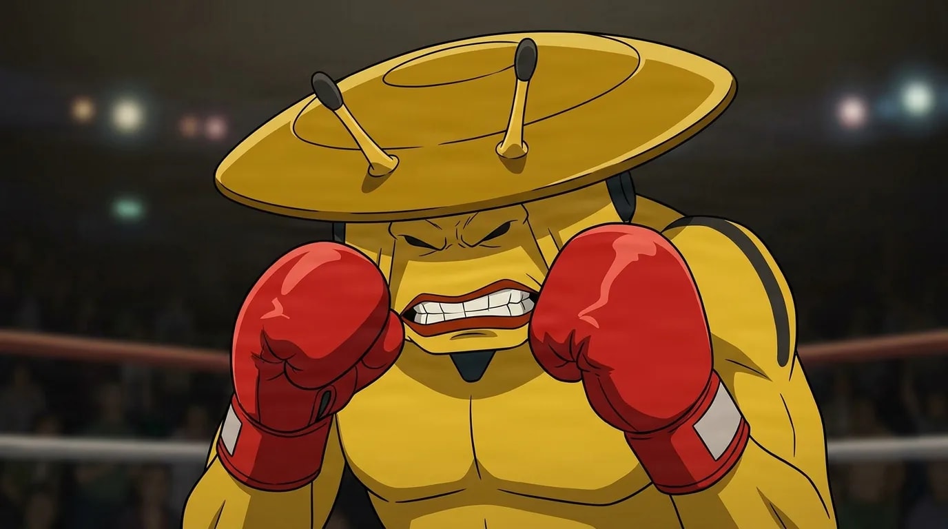 The Mantisian in a boxing guard with red gloves raised and teeth gritted, yellow insectoid body under a flat disc shaped hat with antennae, in a blurred boxing ring with crowd lights