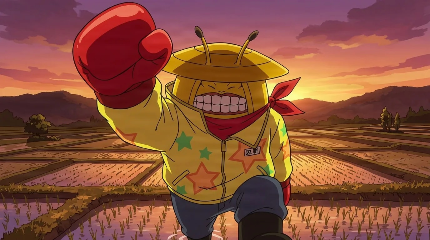Insect-headed alien in a yellow star-covered hoodie and straw hat raising a red boxing glove while grinning widely across a sunset rice field