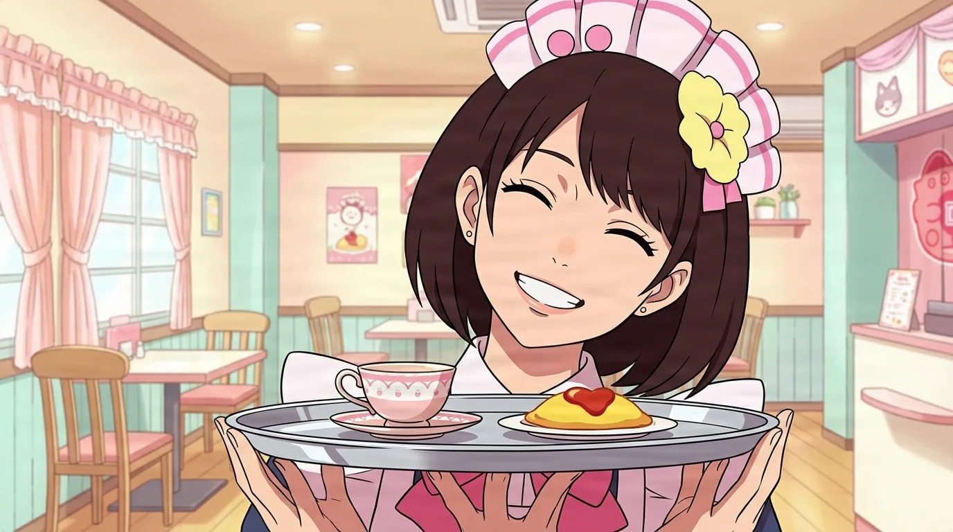 Smiling maid cafe waitress with a frilled headband and yellow flower holding a tray with a pink teacup and a ketchup-topped omelette rice dish