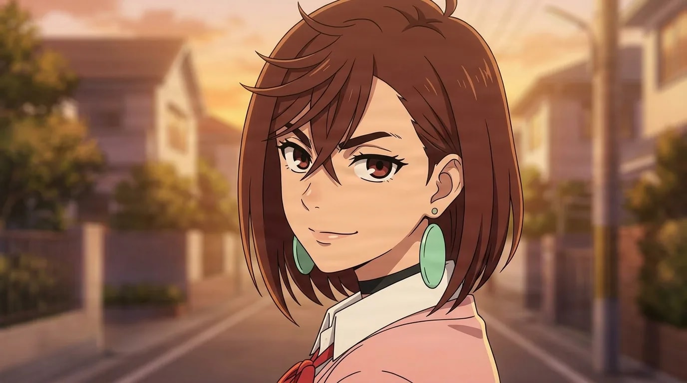 Momo Ayase glancing back over her shoulder with a confident smirk on a suburban street at golden hour, green disc earrings catching the warm light