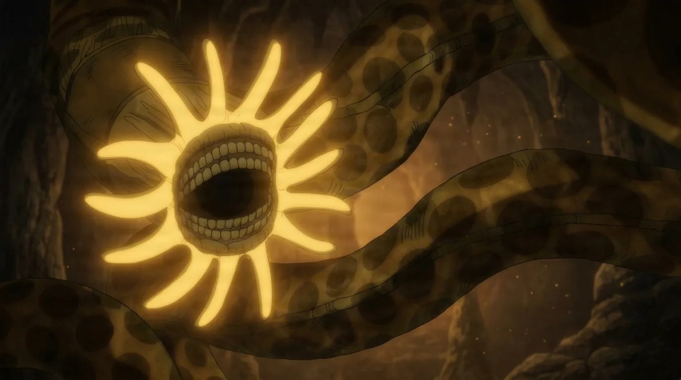 The Mongolian Death Worm opens its glowing sun-like ringed maw inside a dark cavern, its spotted serpentine coils winding through the gloom
