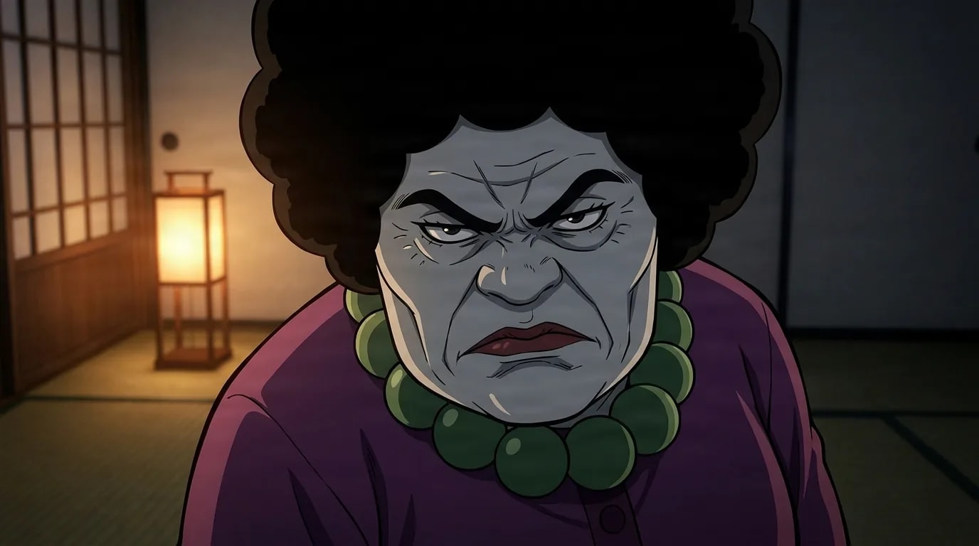 Naki Kito scowling straight ahead in a dim tatami room lit by a single lantern, her pale wrinkled face framed by dark rounded hair and a green beaded collar