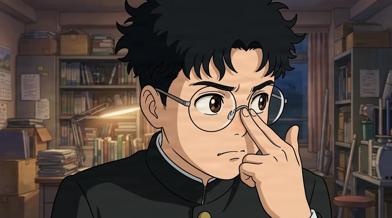 Okarun pushing up his round glasses with two fingers and glancing aside nervously in a cluttered evening clubroom full of shelves and boxes