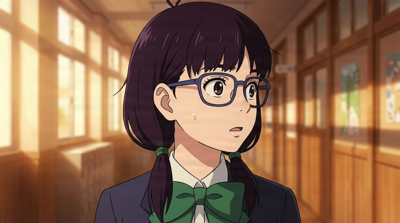 Rin Sawaki turning with a startled wide-eyed look in a sunlit school hallway, a sweat drop on her cheek and a green bow at her collar