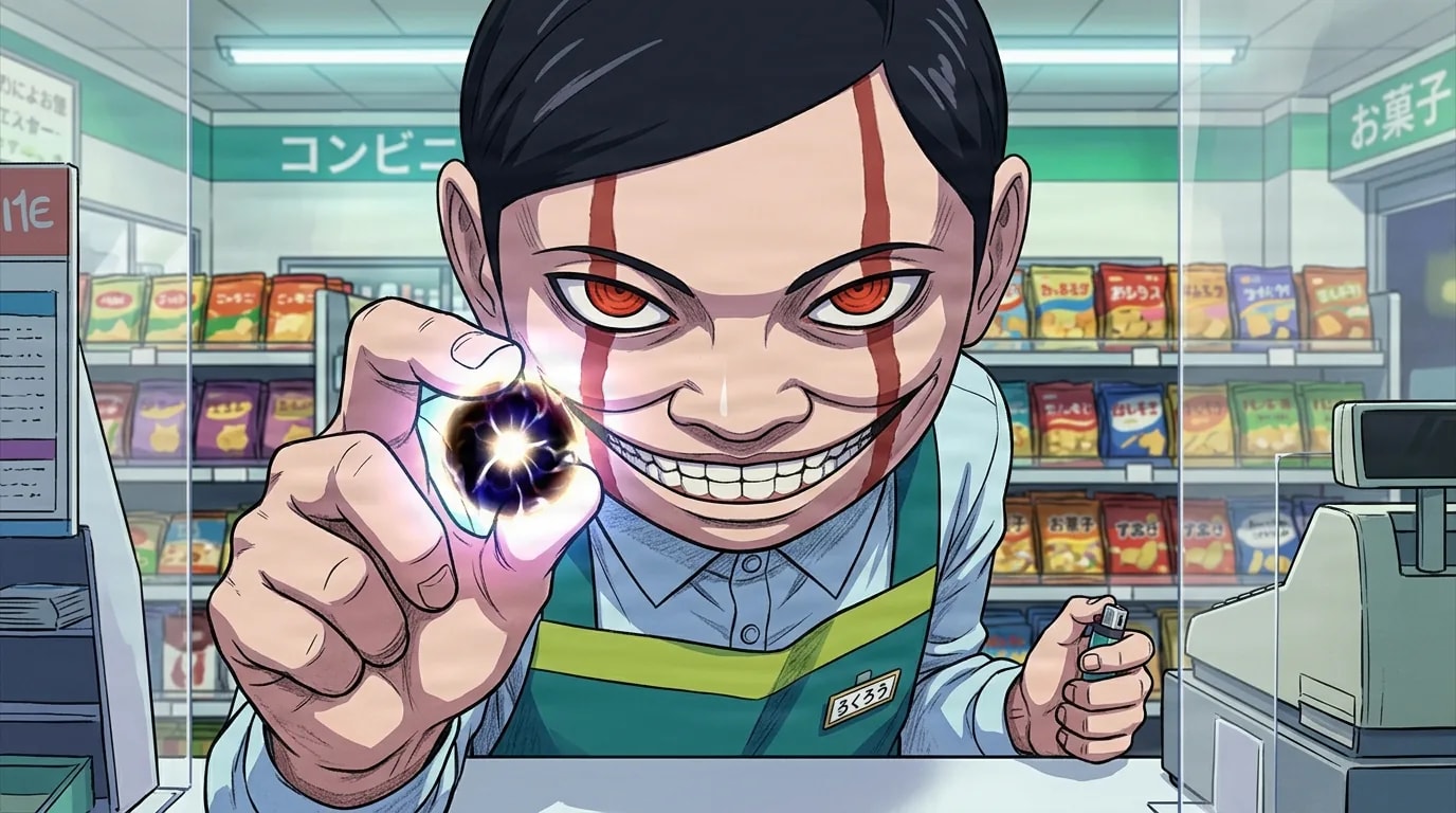 A sinister boy with slicked black hair, glowing red eyes and red streaks on his face grinning widely behind a convenience store counter, holding up a small glowing orb and wearing a green store apron.