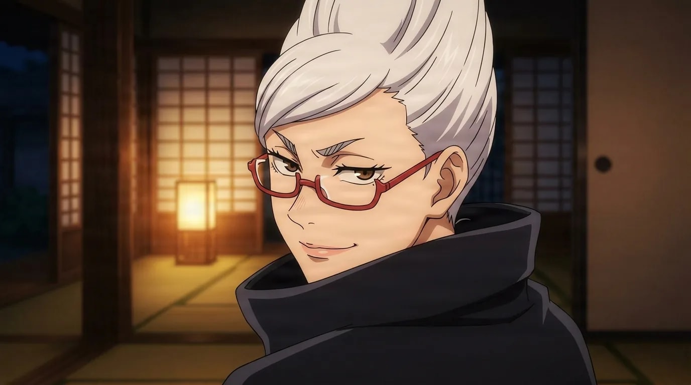 Seiko Ayase looking back over her high dark collar with a wry knowing smile, red glasses and tall silver pompadour lit by warm lamplight in a traditional house