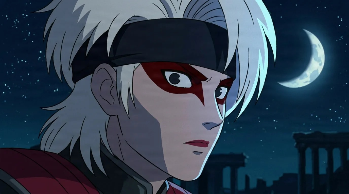 은발에 검은 머리띠를 하고 눈 주위에 가면 같은 붉은 칠을 한 인물이, 초승달이 뜬 별밤 하늘과 뒤편의 고대 돌기둥을 배경으로 옆을 노려보고 있다.