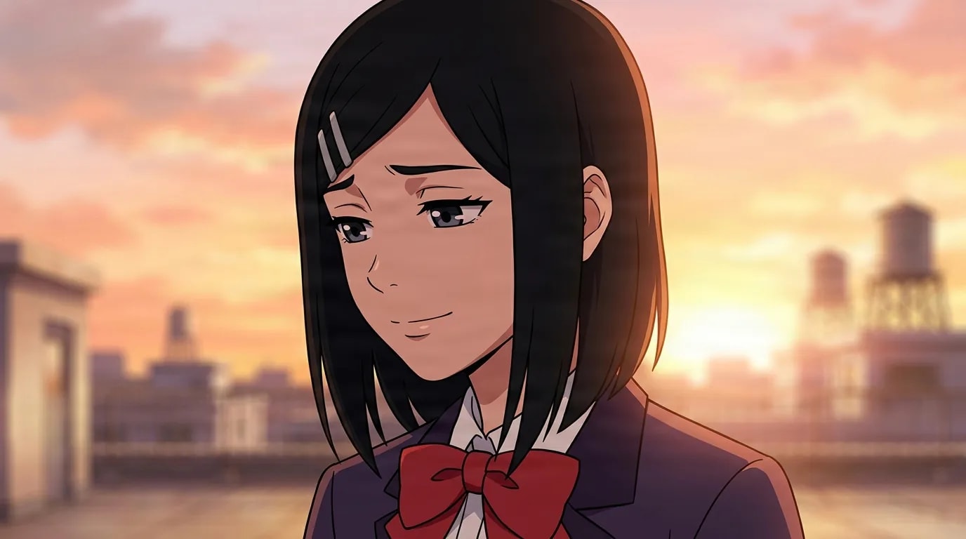 Tsubame sorride dolcemente con gli occhi bassi su un tetto scolastico al tramonto, mollette argentate nel suo caschetto scuro e un fiocco rosso al colletto.