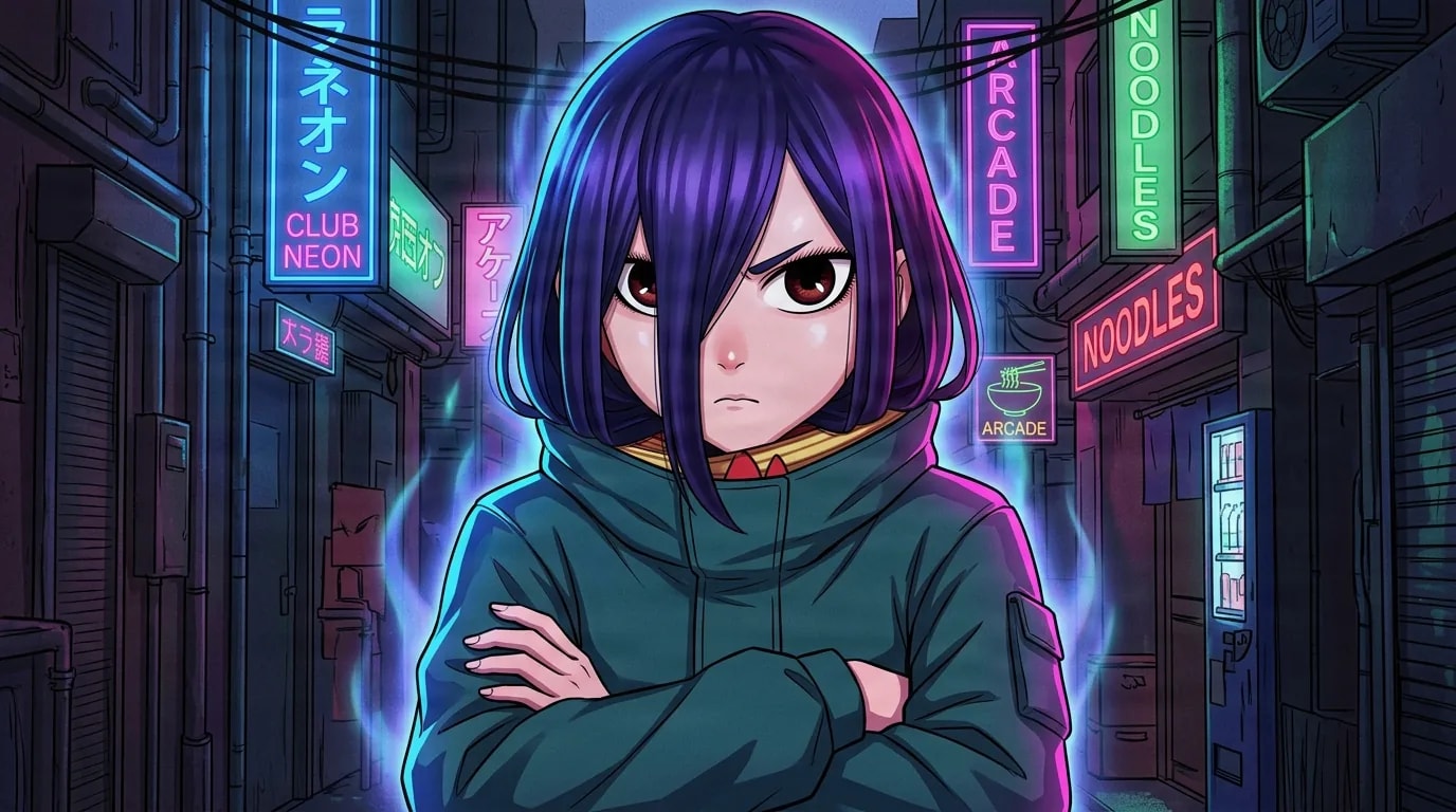 Chica de anime con un bob morado y ojos rojo oscuro está de pie con los brazos cruzados en un callejón trasero iluminado por neón por la noche, un tenue aura azul a su alrededor.
