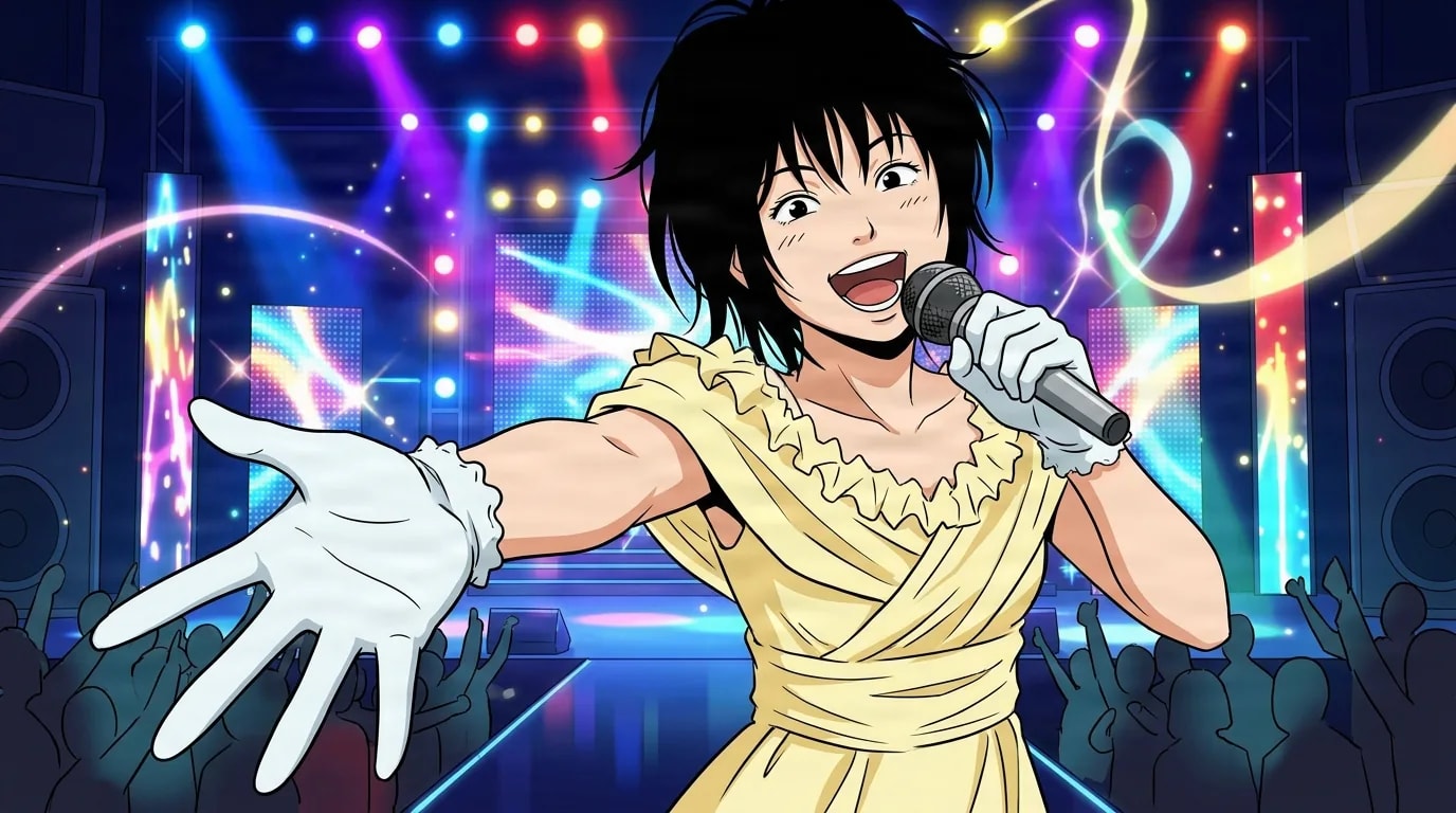 Young woman with short black hair in a yellow ruffled dress and white gloves singing into a microphone while reaching out toward the crowd on a colorful concert stage with bright stage lights and cheering fans.