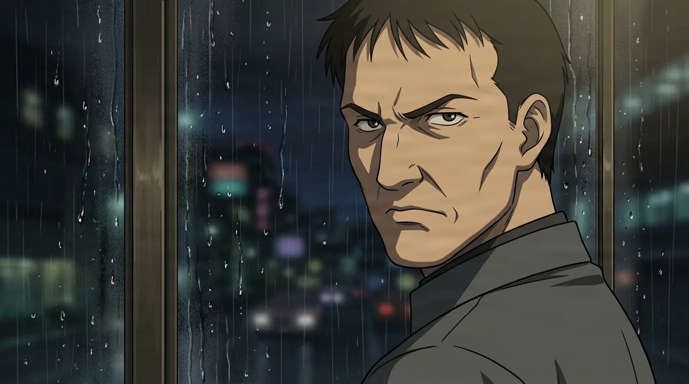 Stern man with short dark hair and a heavy brow glaring over his shoulder toward the viewer, standing beside a rain-streaked window at night with blurred city lights glowing behind the wet glass.