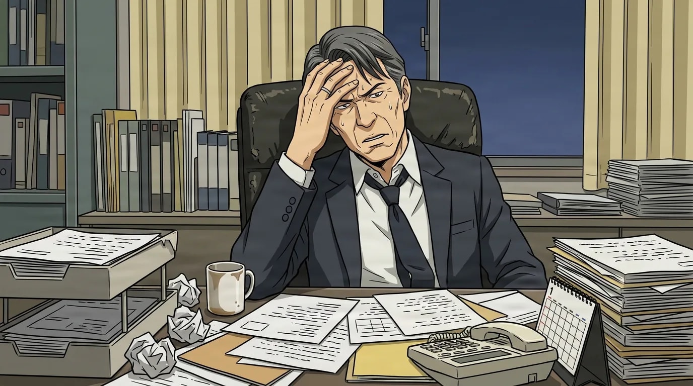 Graying middle-aged man in a dark suit and tie slumping at a cluttered office desk, one hand pressed to his sweating forehead in stress, surrounded by scattered papers, a coffee mug, a telephone and a calendar.