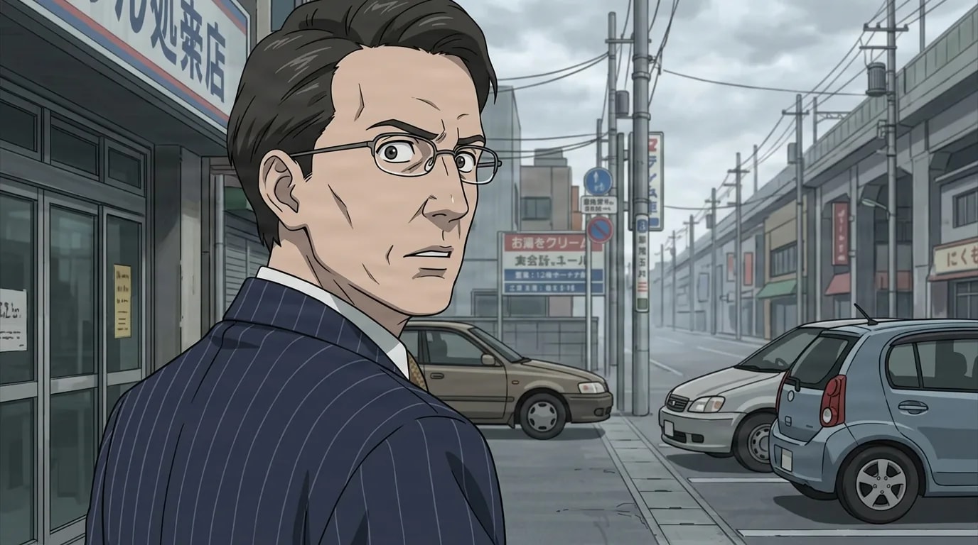 A man with glasses in a navy pinstripe suit glances back over his shoulder on a cloudy Japanese street lined with parked cars and shop signs.