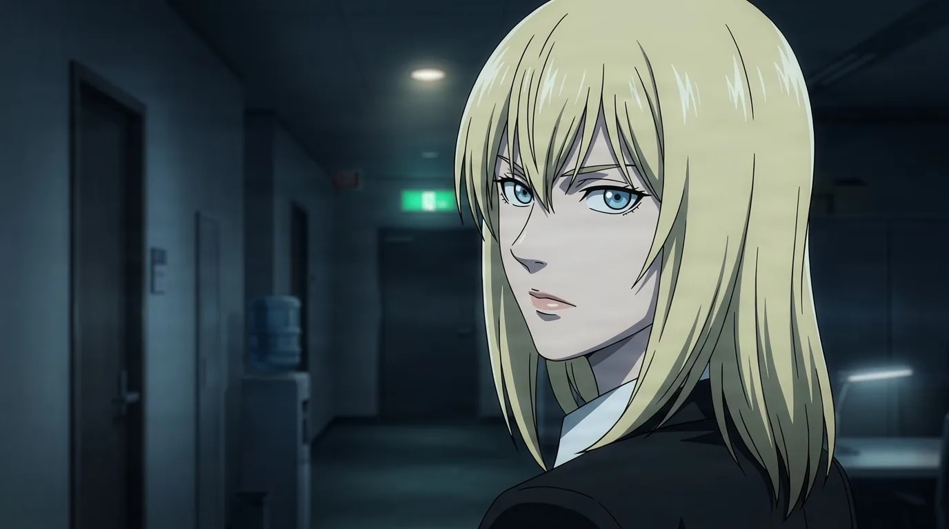 Halle Lidner, a blond woman in a dark suit, glances back over her shoulder with a calm sharp look in a dim office corridor at night.