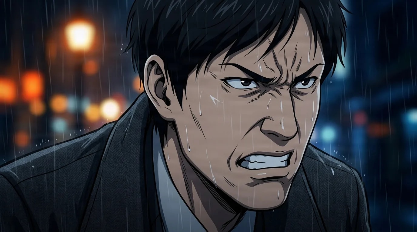 Hideki Ide, a dark-haired man in a suit, snarls with clenched teeth on a rainy neon-lit night street with rain streaking down his face.