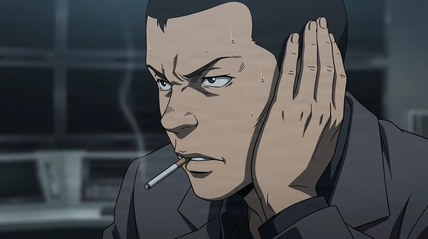 Hirokazu Ukita, a dark-haired man with a cigarette in his mouth, presses a hand to his ear with a tense sweating look in a dim surveillance room.