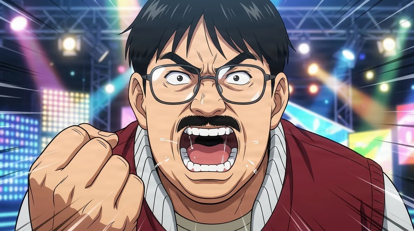 Hitoshi Demegawa, ein stämmiger Mann mit Brille und Schnurrbart in einer roten Weste, schreit wütend mit erhobener Faust unter hellen Fernsehstudiolichtern.
