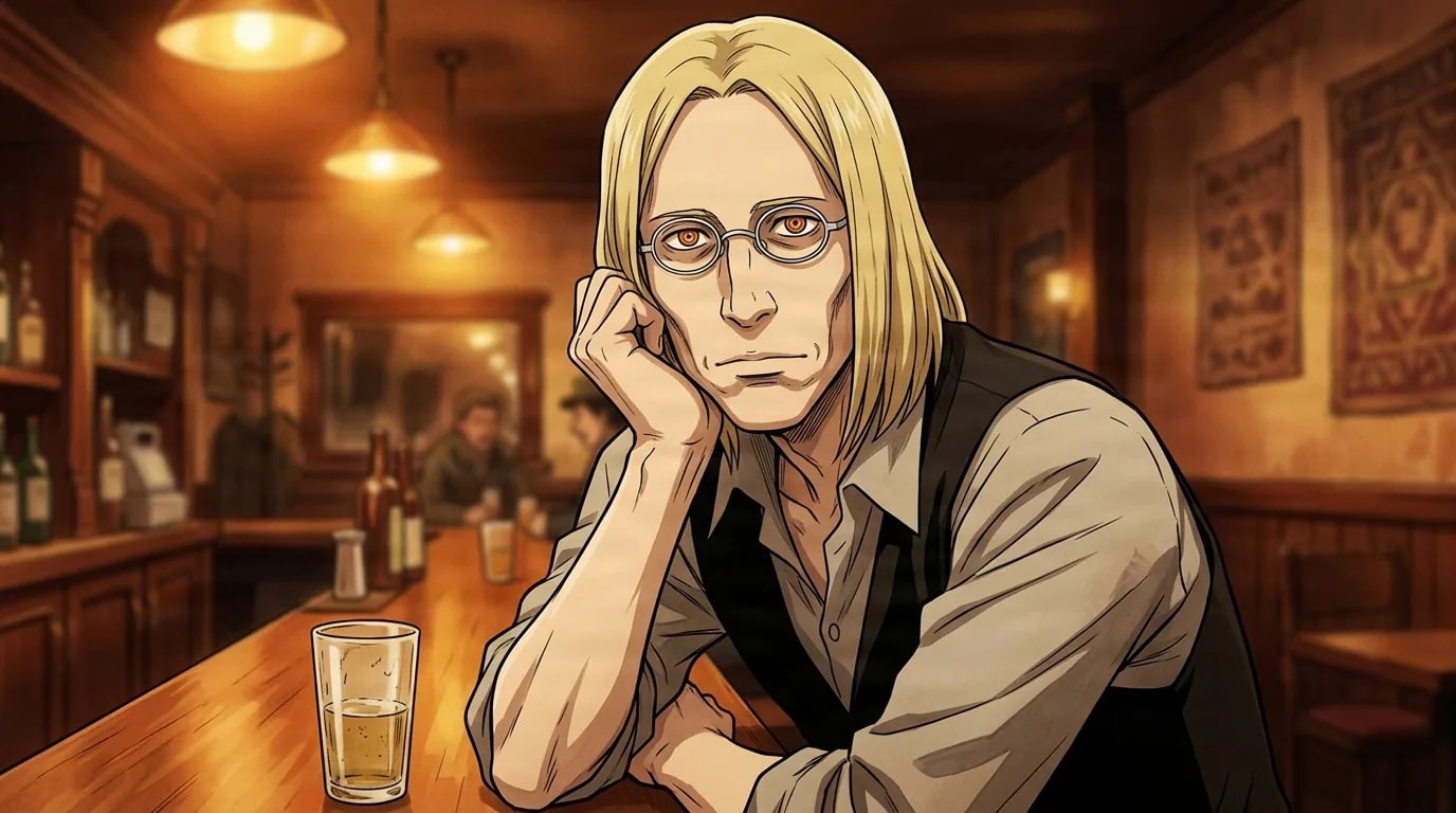 A long haired blonde man with round glasses rests his chin on his hand at a wooden bar counter, a glass of beer beside him in a warm dim tavern.