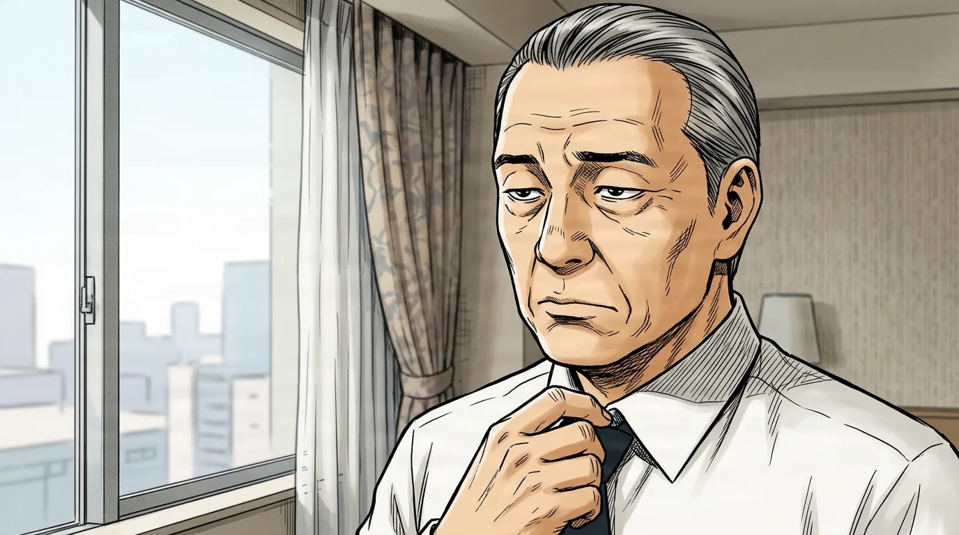An older gray haired man in a white dress shirt adjusts his tie with one hand, gazing pensively near a bright window overlooking a city.