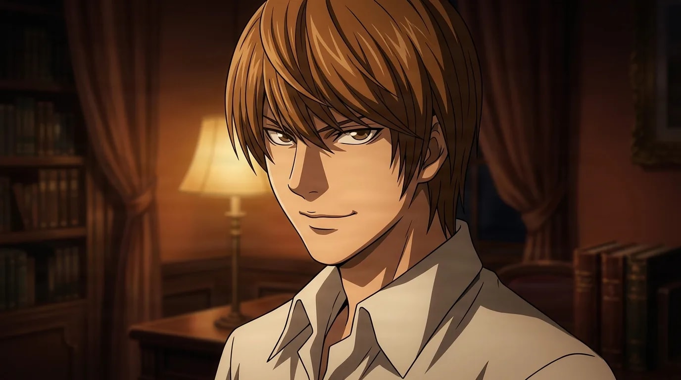 Light Yagami, un giovane uomo con capelli castano chiaro in camicia bianca, sfoggia un sottile sorrisetto trionfante in uno studio caldo illuminato da lampade e fiancheggiato da scaffali di libri.