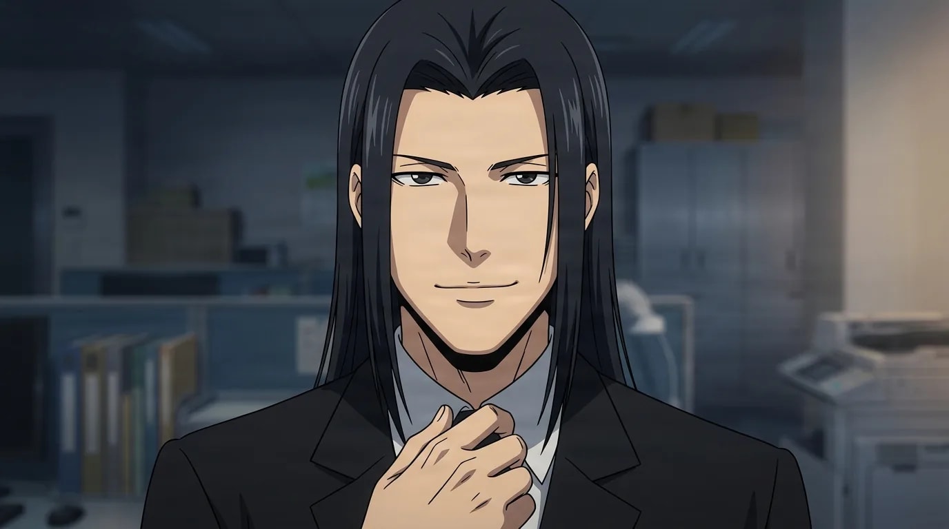 Reiji Namikawa, ein Mann mit langem, glattem dunklem Haar in einem dunklen Geschäftsanzug, rückt mit einem gefassten, selbstbewussten Halblächeln seine Krawatte zurecht, in einem düsteren Firmenbüro.
