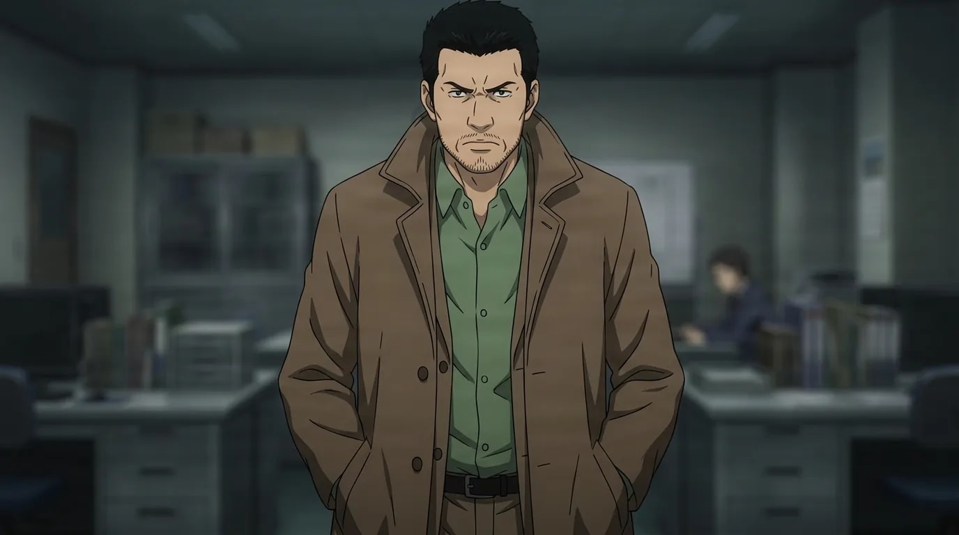 Shuichi Aizawa, ein unrasierter Ermittler in einem braunen Trenchcoat über einem grünen Hemd, steht mit den Händen in den Taschen und mürrisch gerunzelter Stirn, in einem düsteren Polizeibüro.