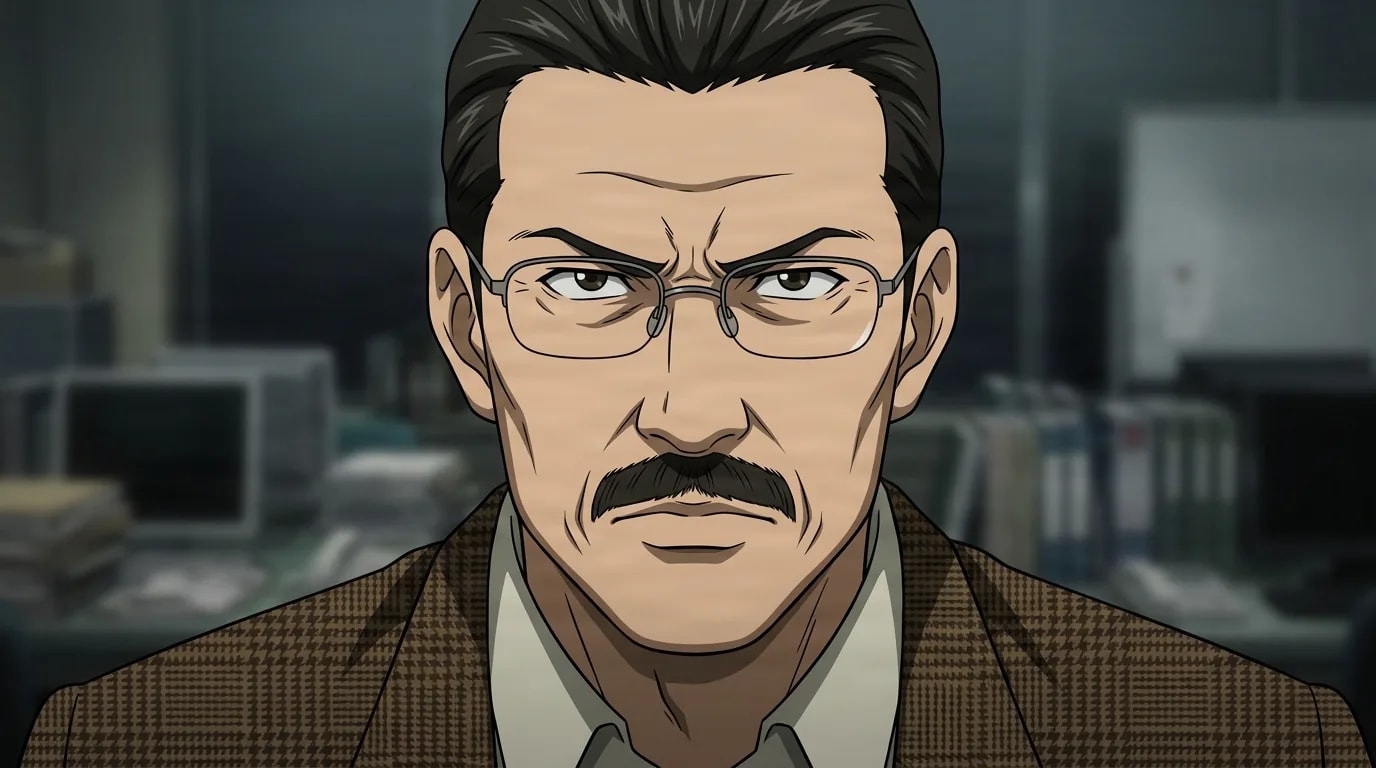 Soichiro Yagami, un hombre mayor con el cabello peinado hacia atrás, gafas sin montura y bigote, muestra una expresión firme y resuelta en la tenue oficina de un grupo especial.