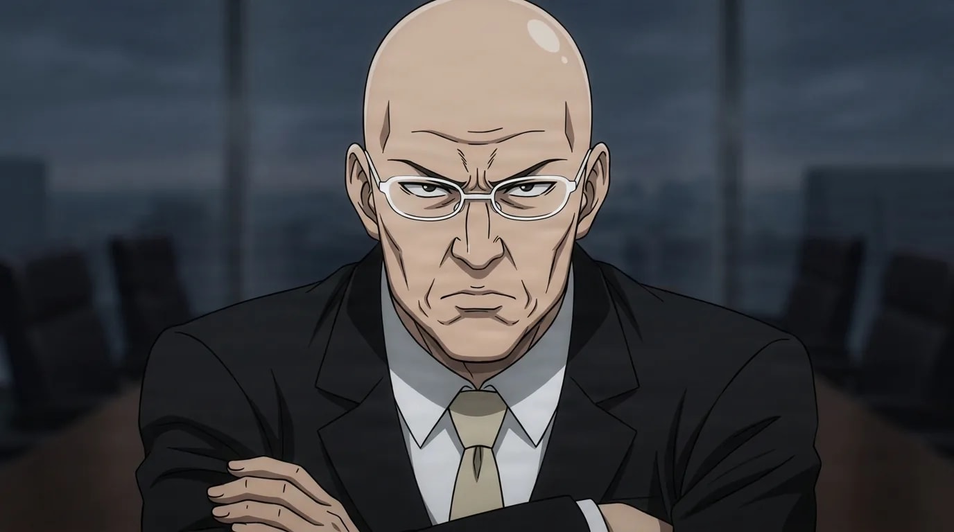 Takeshi Ooi, ein kahlköpfiger Mann mit schmaler, weiß umrandeter Brille und dunklem Anzug, verschränkt die Arme mit einem strengen, autoritären Blick, in einem düsteren Firmensitzungssaal.