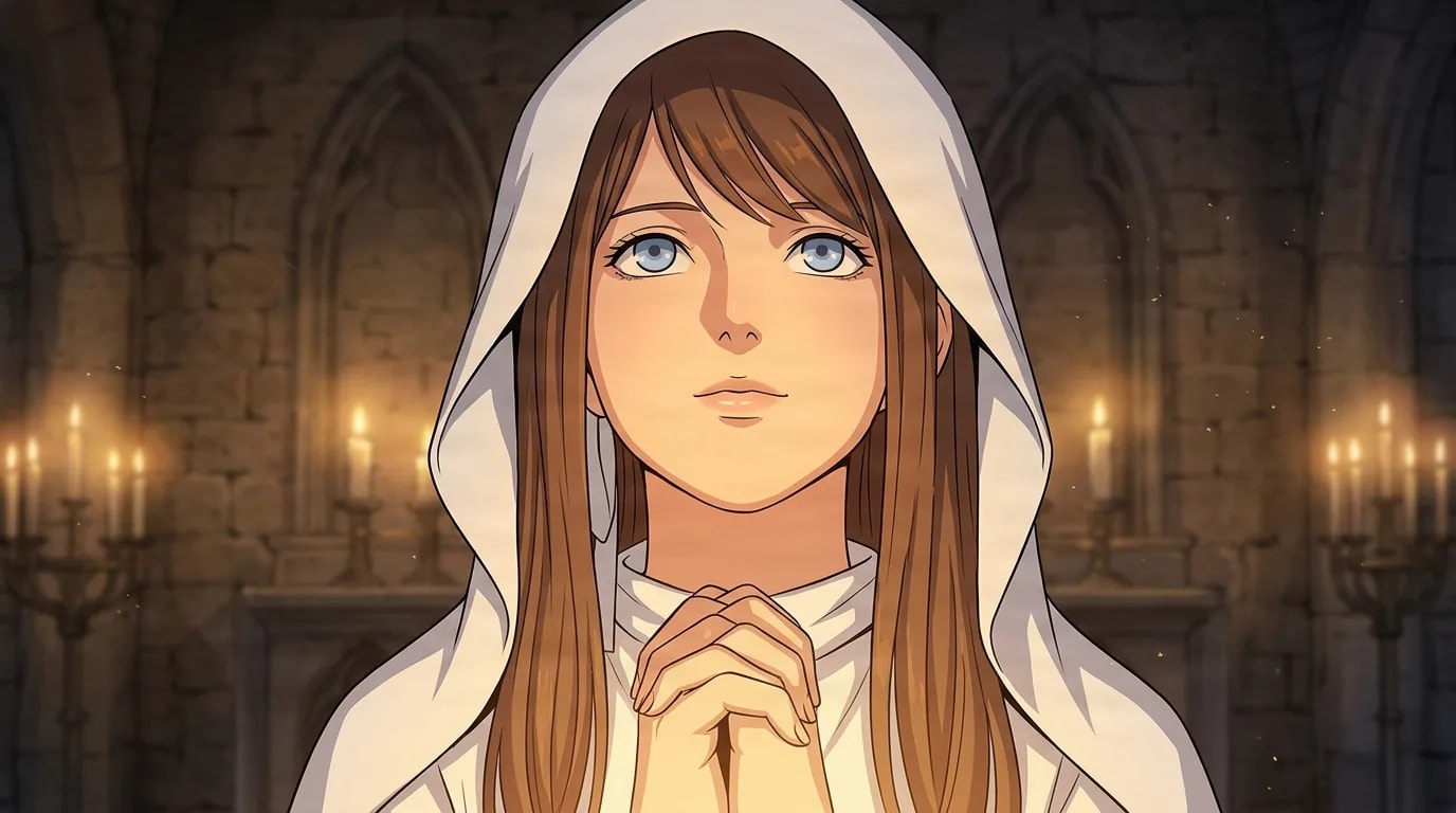 A young woman in a white hood with long brown hair and blue eyes praying with clasped hands in a candlelit stone chapel