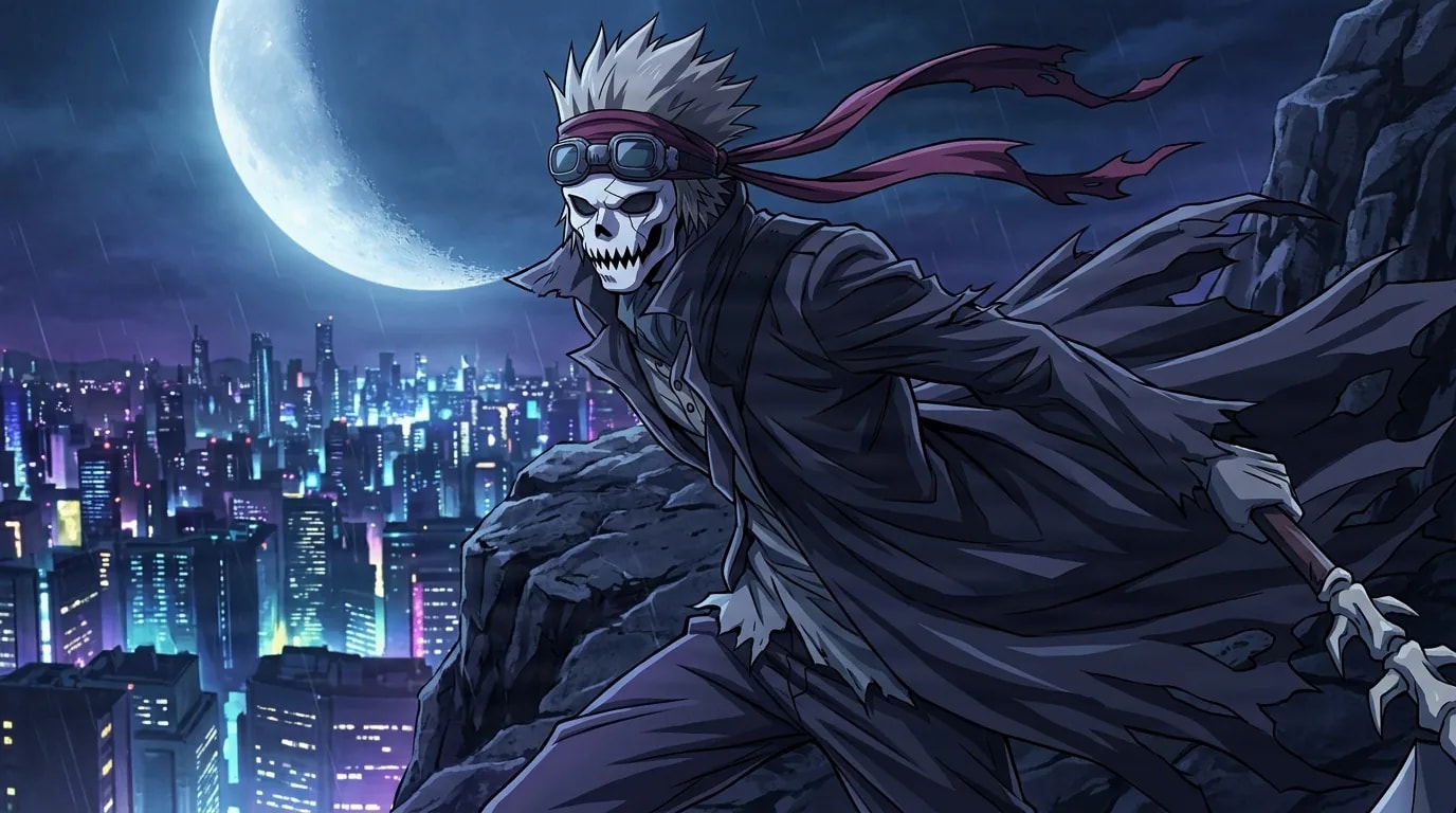 The skull-masked Shinigami perched on a rocky cliff above a glowing neon city at night, its tattered coat and headband streaming in the wind