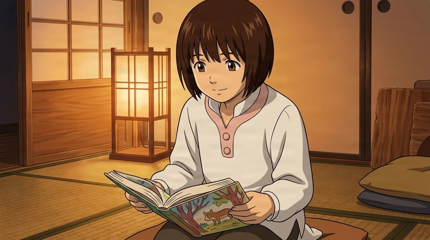 Yumi Aizawa with short brown hair kneeling on a tatami floor in a warm lamplit room, smiling at an open picture book in her hands
